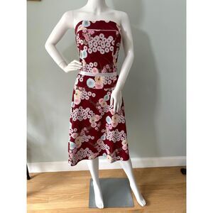 Vintage Y2k Red Floral Asian Inspired Strapless Midi Dress size XS